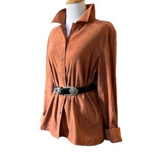 TALBOTS FAUX SUEDE FLORAL PERFORATED LONG SLEEVE BUTTON DOWN SHIRT CINNAMON SZ S